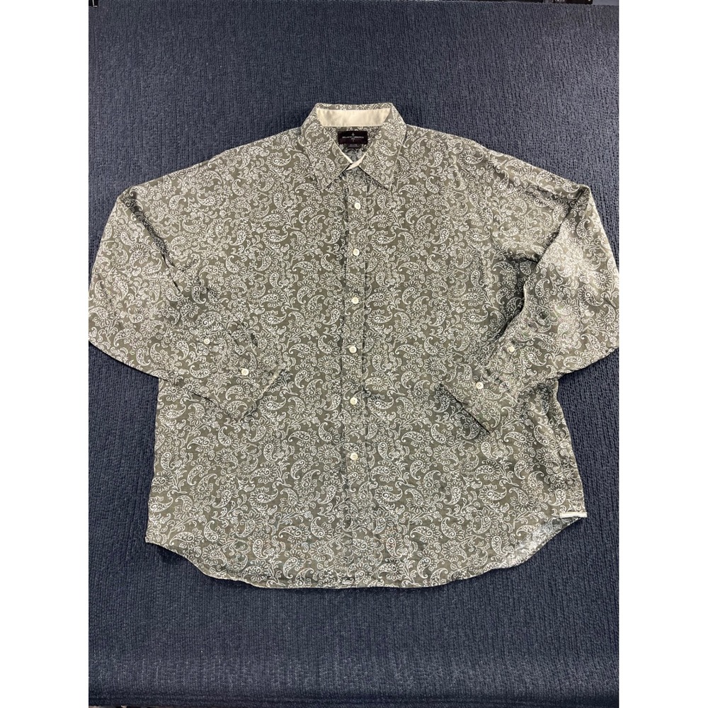 Black Brown Mens Linen XXL Olive Green White Paisley Long Sleeve Button Up Shirt
